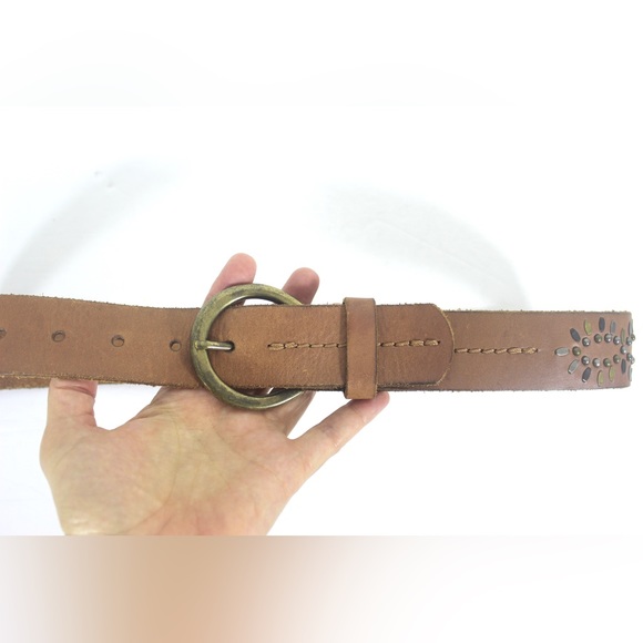 Vintage Wide Tan Leather Belt Metal Studs Embellishments Brass Buckle Topstitch - Picture 4 of 8